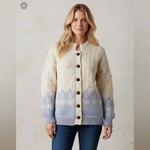 Vintage Handknit Cream & Blue Cardigan Cottagecore